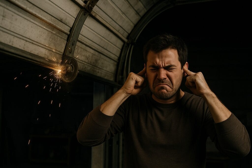 Frustrated man covering ears due to loud door noise needing garage door repairs.