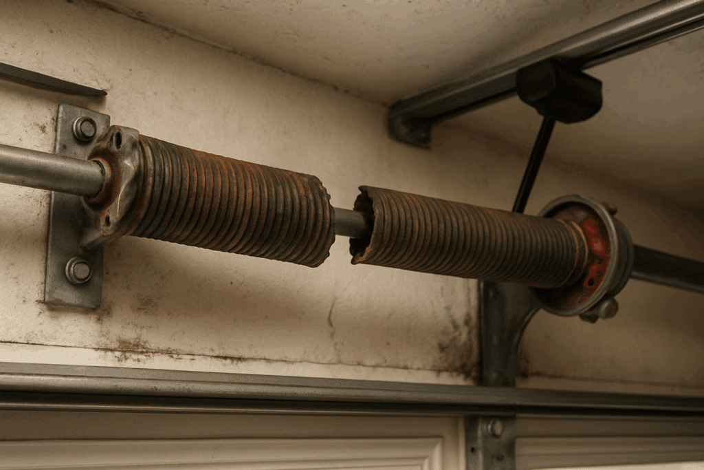 Broken garage door spring requiring professional garage door repairs.
