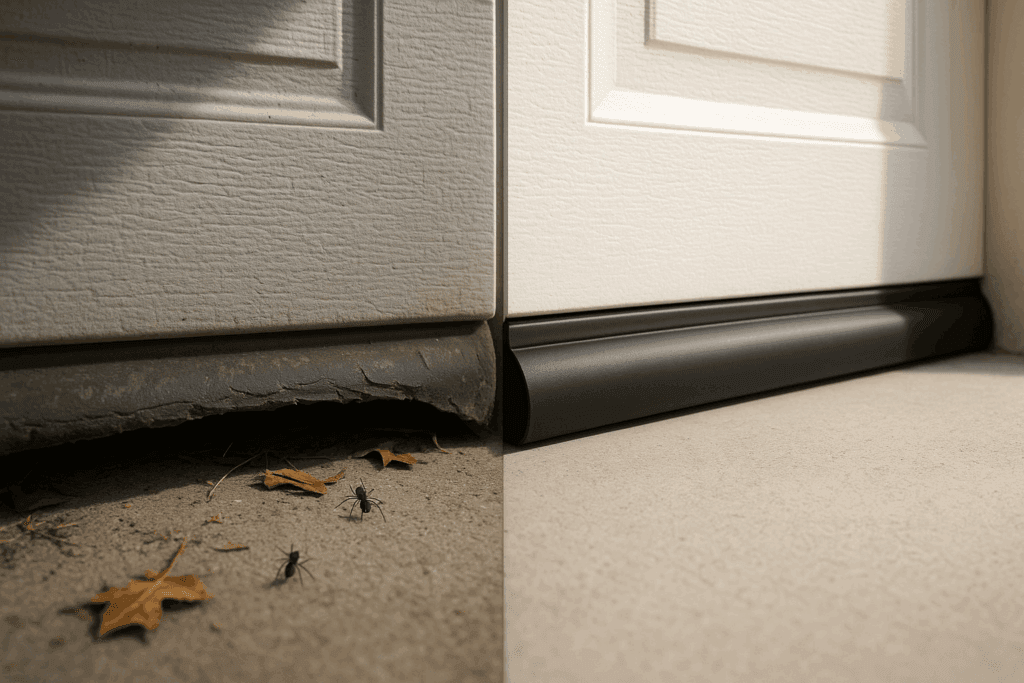 Comparison of damaged and new garage door weather stripping showing how proper seals block pests and drafts.