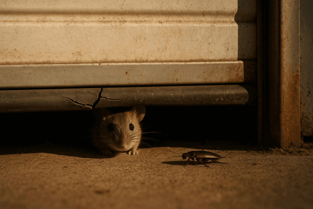 Mouse and cockroach entering through gap under damaged garage door, showing need to repair garage door for pest control.