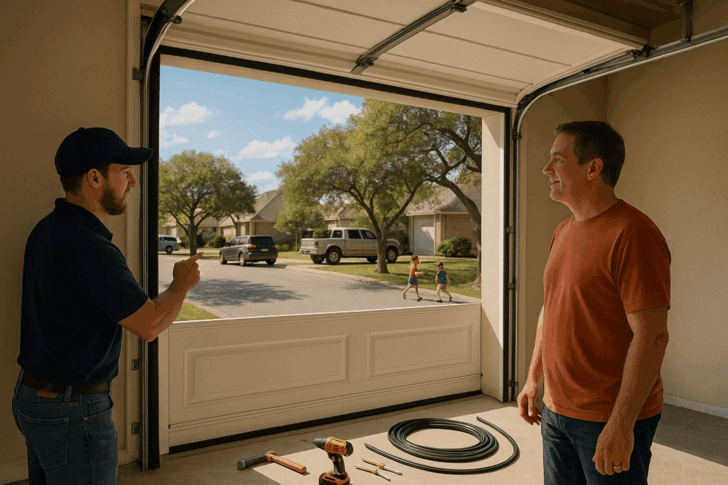 Technician discussing garage door repair with homeowner while tools are laid out for professional service to repair garage door.