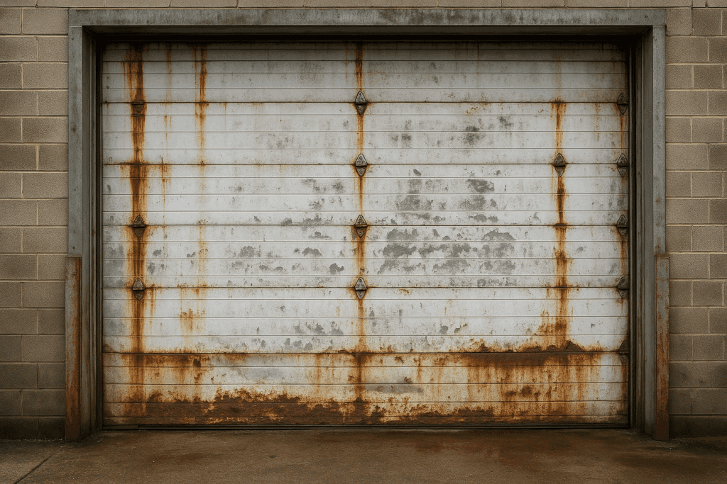 Old rusted warehouse door showing corrosion damage in need of commercial garage door repair.