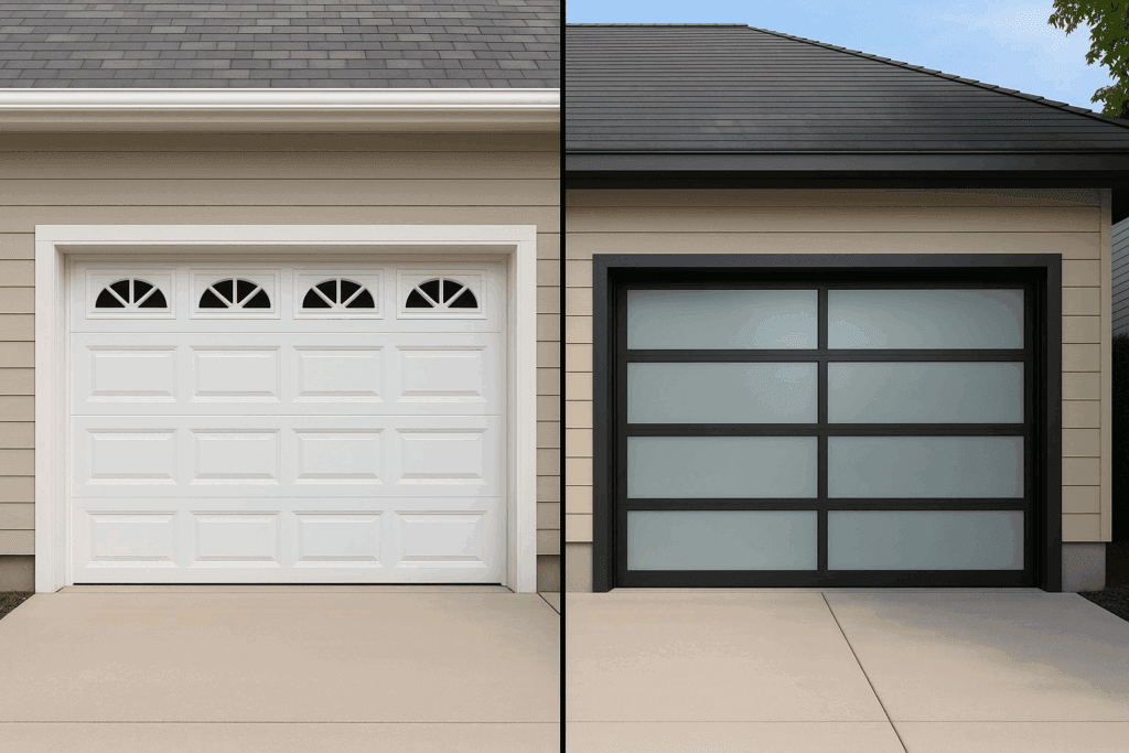 Comparison of traditional and modern garage doors side by side on suburban homes.