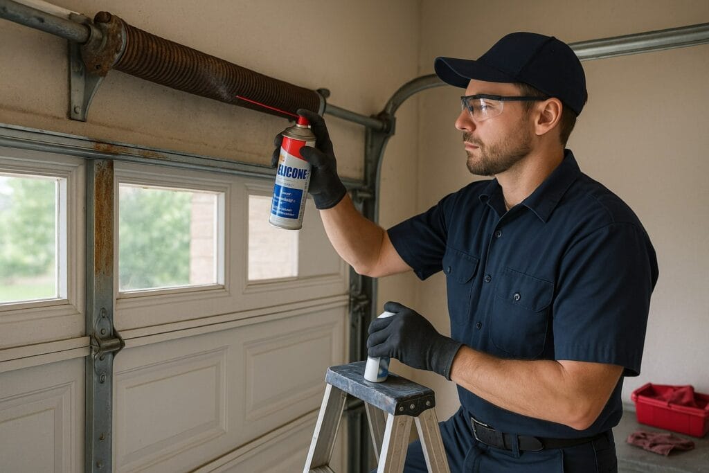Garage Door Maintenance technician applying silicone lubricant to the torsion spring to prevent rust, reduce noise, and ensure smooth operation.