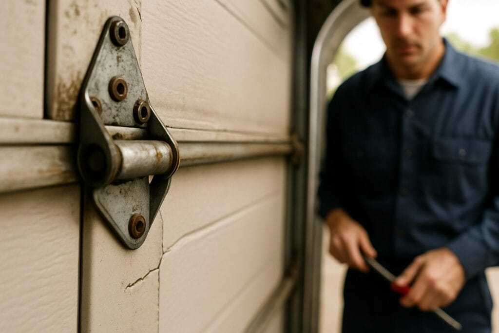 Garage Door Maintenance technician inspecting a cracked hinge and panel damage, identifying areas needing repair for safe operation.