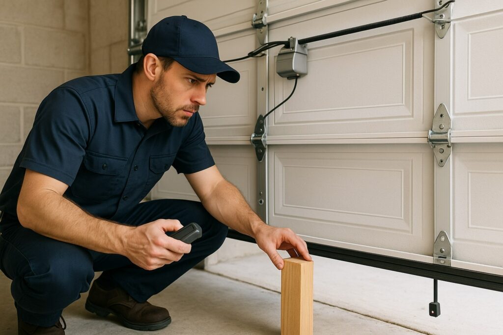 Technician performing a garage door tune-up, testing the auto-reverse safety feature with a wooden block for proper sensor function.