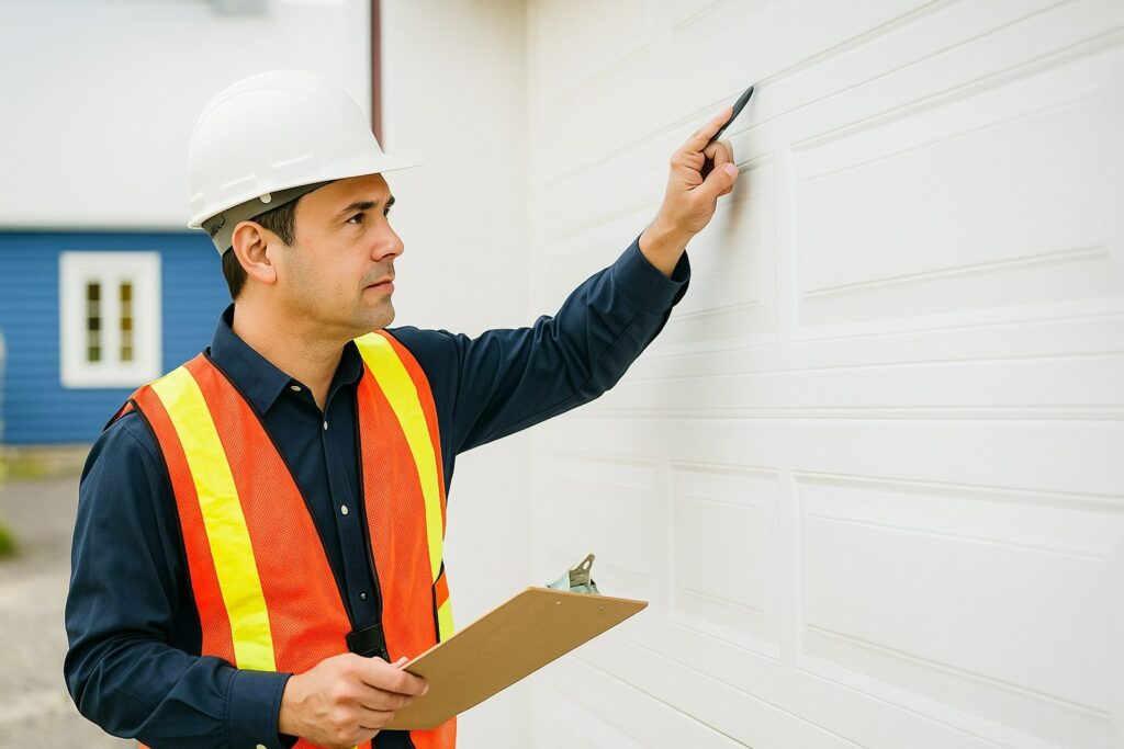 An inspector examines the surface of automatic garage doors while taking notes on a clipboard.